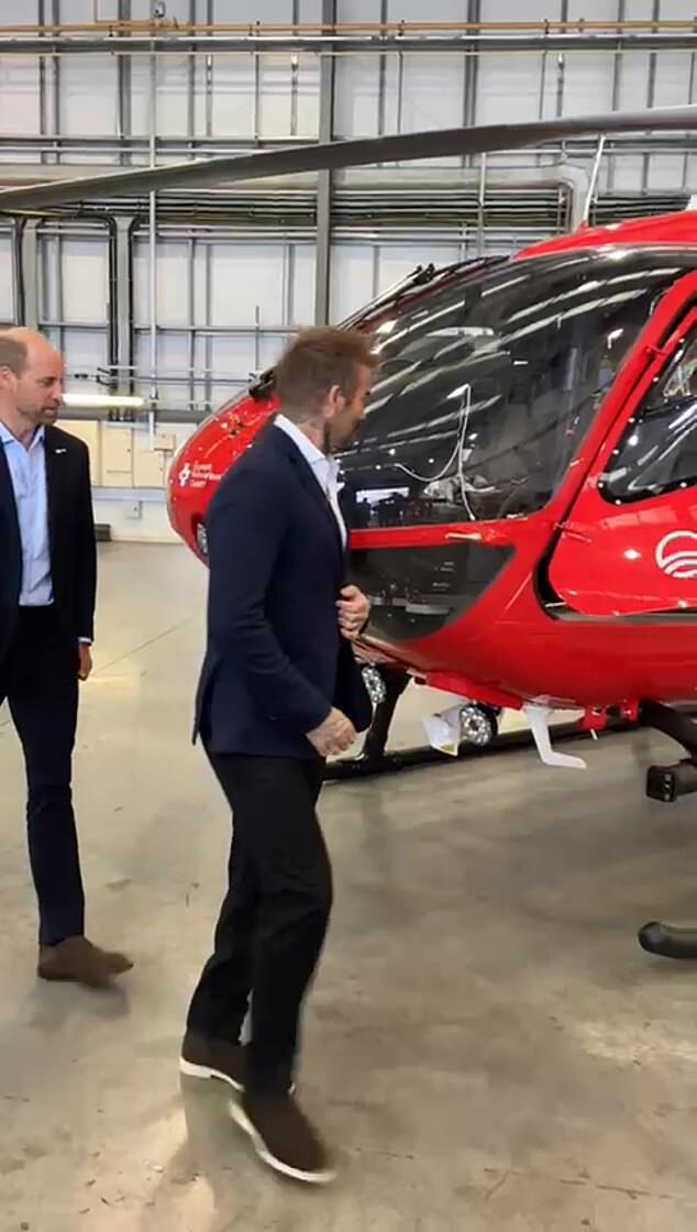 Prince William and David Beckham Examine New Air Ambulance Helicopters at RAF Northolt