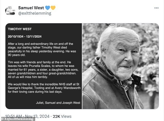 Timothy West, Celebrated Actor and Fawlty Towers Star's Husband, Passes Away at 90